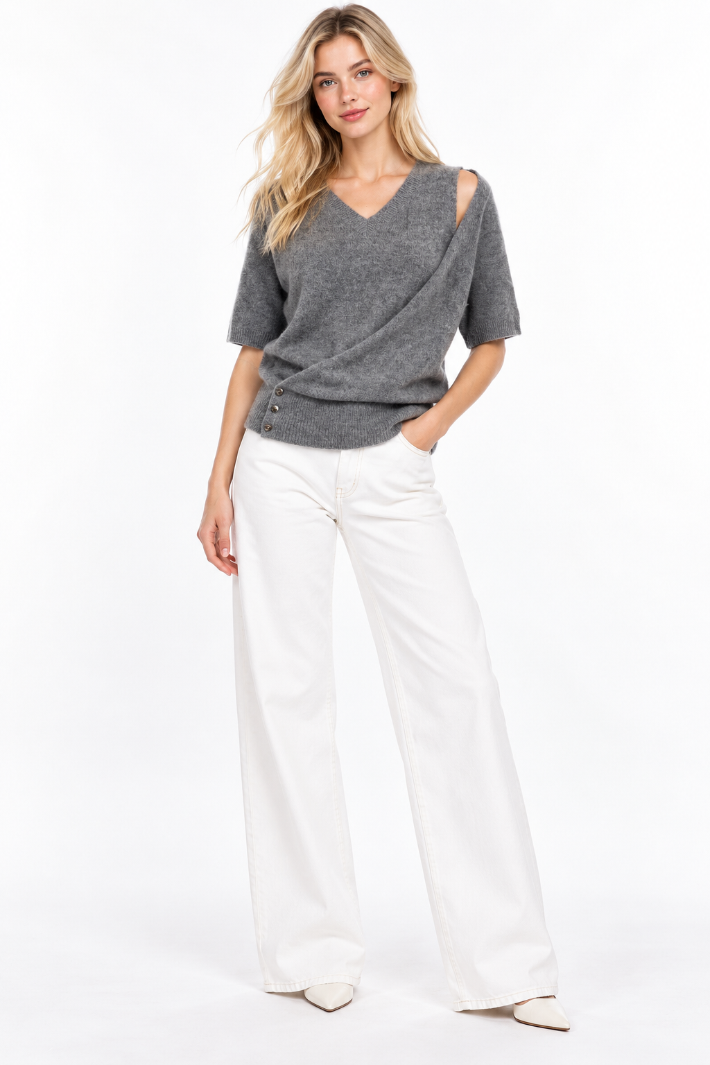 Cashmere Short Sleeve V Neck Top 1212007C